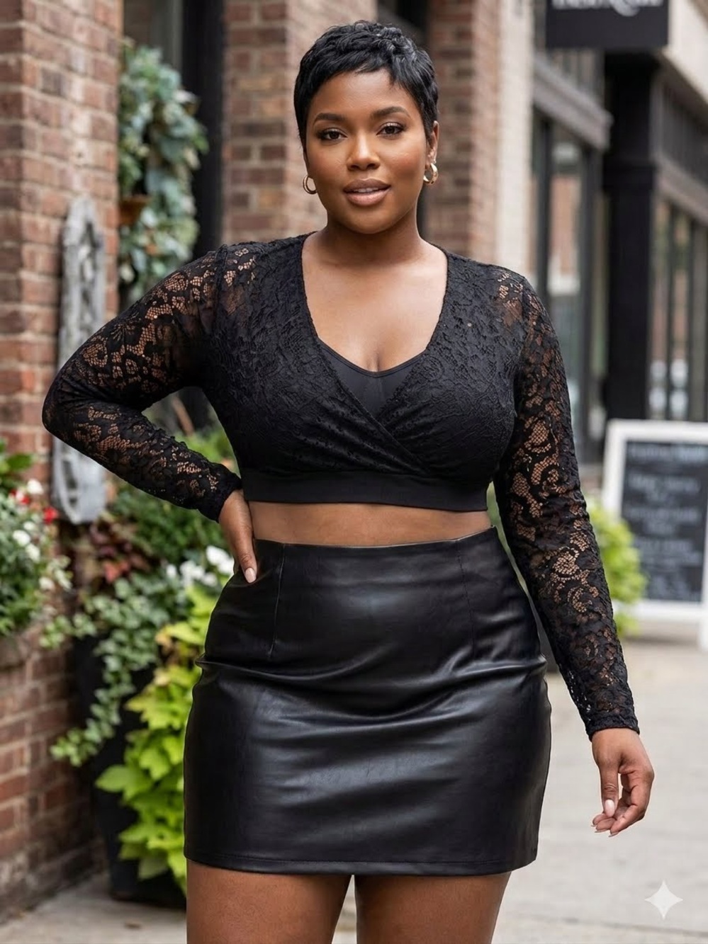 Fashion Nova Curvy Women’s Cropped Long Sleeve Black Floral Lace Top — Size: 1X